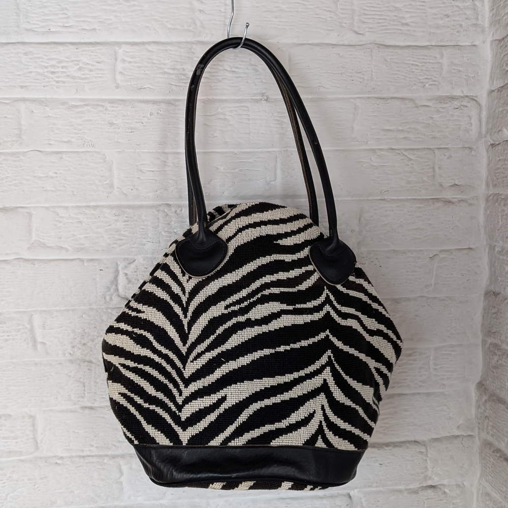 Vintage 80s/90s Zebra Print Woven And Leather Shoulder Bag
